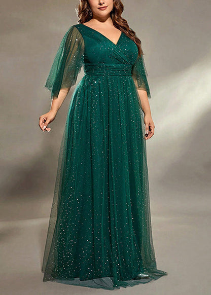 V Dresses Long Green Blackish Sequins Stylish Half Tulle Neck