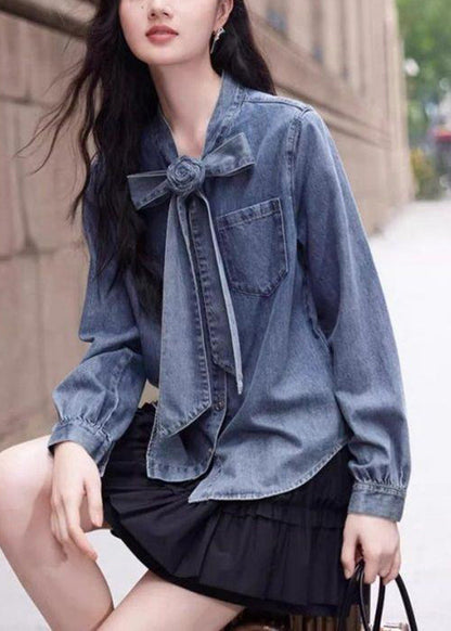 Button Spring Shirt Denim Blue Bow Stylish Pockets