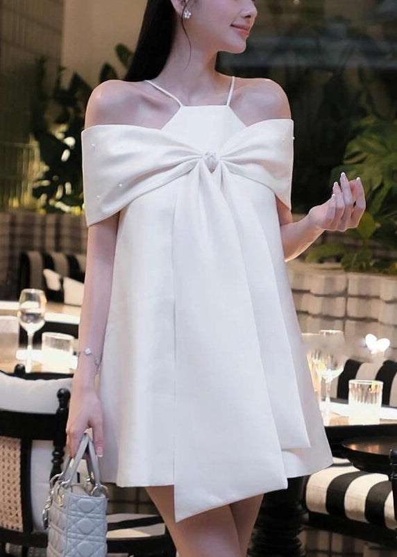 Shoulder Spaghetti Blue Summer Bow Dress Stylish Cold Strap