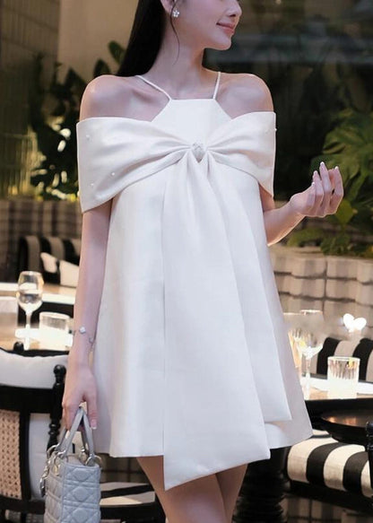 Shoulder Spaghetti Blue Summer Bow Dress Stylish Cold Strap