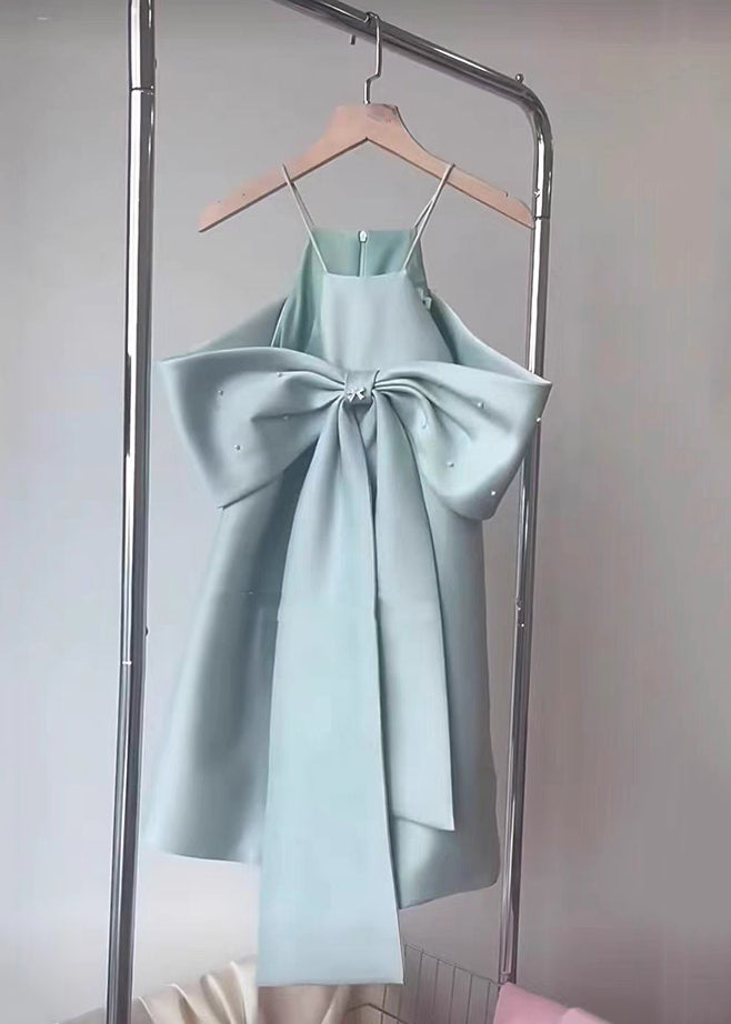 Shoulder Spaghetti Blue Summer Bow Dress Stylish Cold Strap