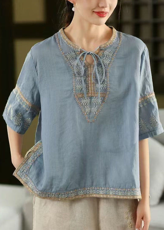 Half Side Top Open Embroidered Blue Sleeve Stylish Linen