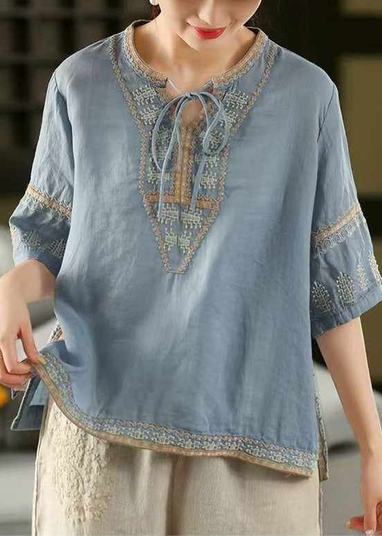 Half Side Top Open Embroidered Blue Sleeve Stylish Linen