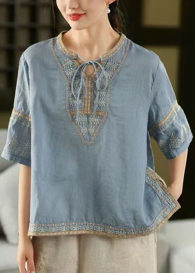 Half Side Top Open Embroidered Blue Sleeve Stylish Linen