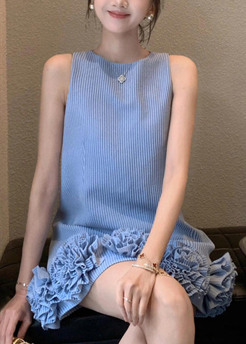 Mini Cotton Stylish Dresses Striped Floral Neck Blue Sleeveless O