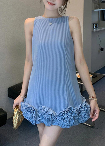 Mini Cotton Stylish Dresses Striped Floral Neck Blue Sleeveless O