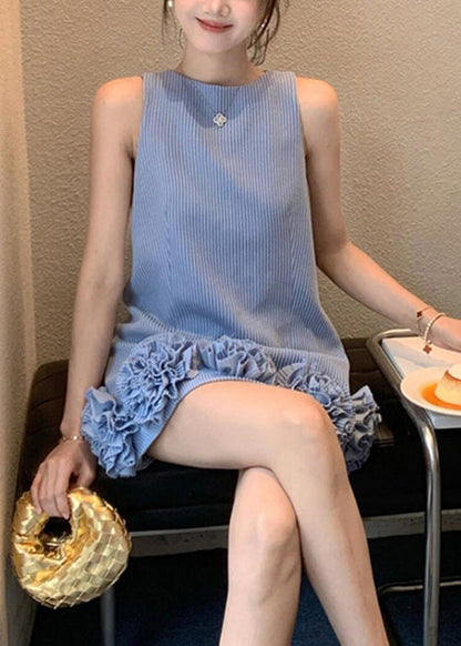 Mini Cotton Stylish Dresses Striped Floral Neck Blue Sleeveless O