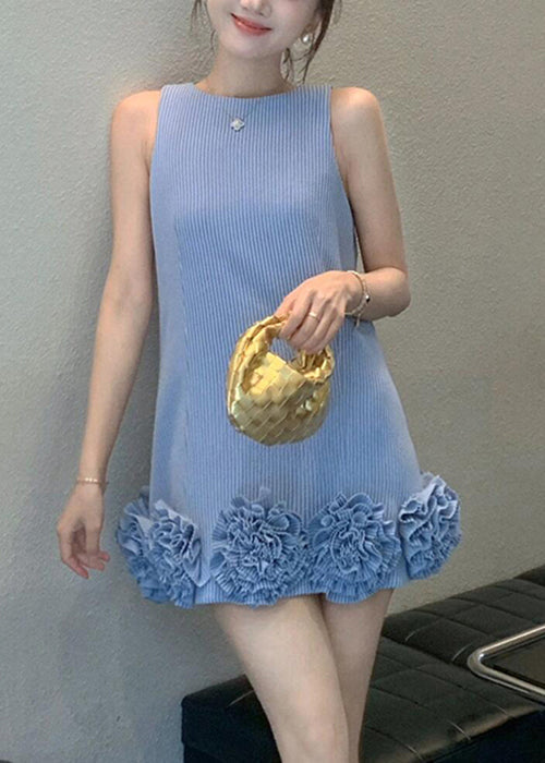 Mini Cotton Stylish Dresses Striped Floral Neck Blue Sleeveless O