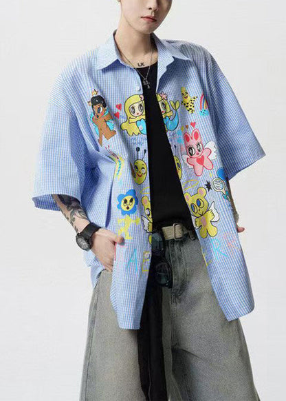 Pan Peter Summer Print Stylish Blue Shirts Mens Cotton Collar