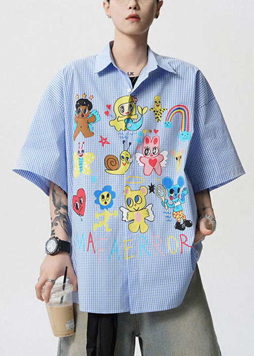 Pan Peter Summer Print Stylish Blue Shirts Mens Cotton Collar