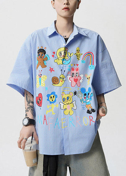 Pan Peter Summer Print Stylish Blue Shirts Mens Cotton Collar