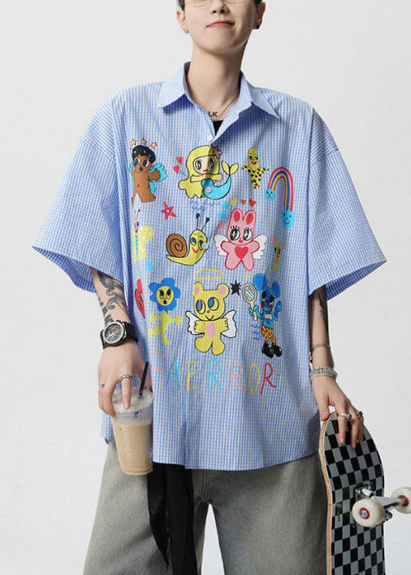 Pan Peter Summer Print Stylish Blue Shirts Mens Cotton Collar