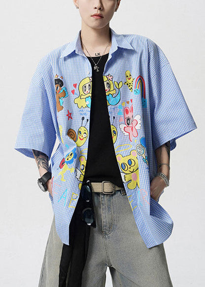 Pan Peter Summer Print Stylish Blue Shirts Mens Cotton Collar