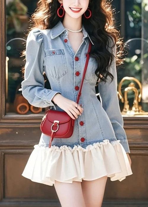 Pan Collar Blue Mini Peter Ruffled Patchwork Stylish Denim