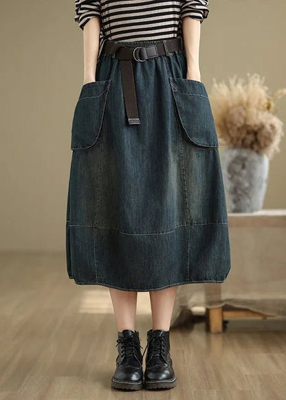 Blue Denim Elastic Skirts Stylish Waist Maxi Patchwork Pockets