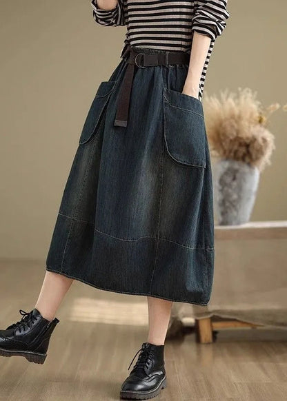 Blue Denim Elastic Skirts Stylish Waist Maxi Patchwork Pockets