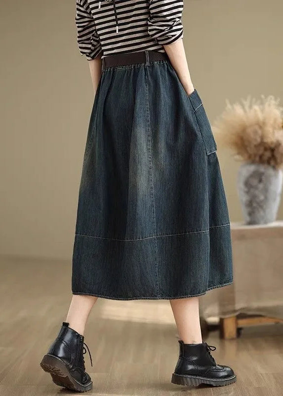 Blue Denim Elastic Skirts Stylish Waist Maxi Patchwork Pockets