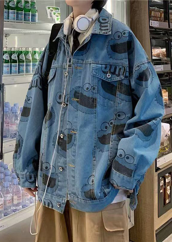 Stylish Mens Button Blue Spring Print Coats Denim