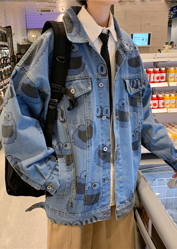 Stylish Mens Button Blue Spring Print Coats Denim