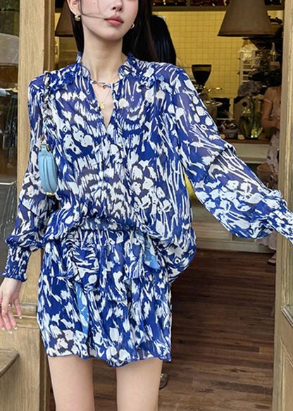 Cotton Two Stylish Blue Summer Print Pieces And Set Shirts Skirts