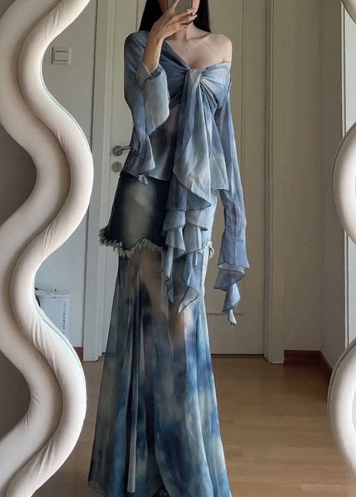 Dye Set Pieces Stylish Patchwork Tulle Tie Two Flare Up Lace Blue