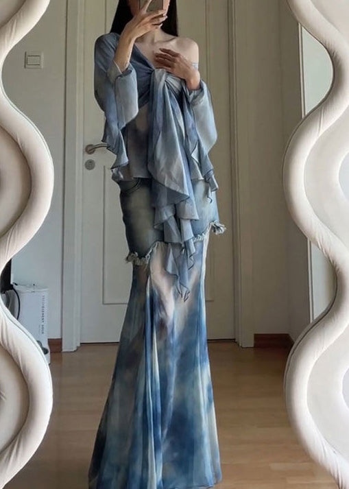 Dye Set Pieces Stylish Patchwork Tulle Tie Two Flare Up Lace Blue