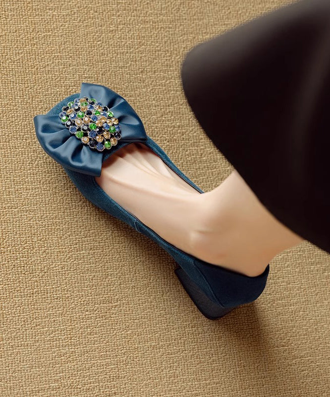 Suede Stylish Loafers Splicing Zircon Blue Penny Chunky Bow
