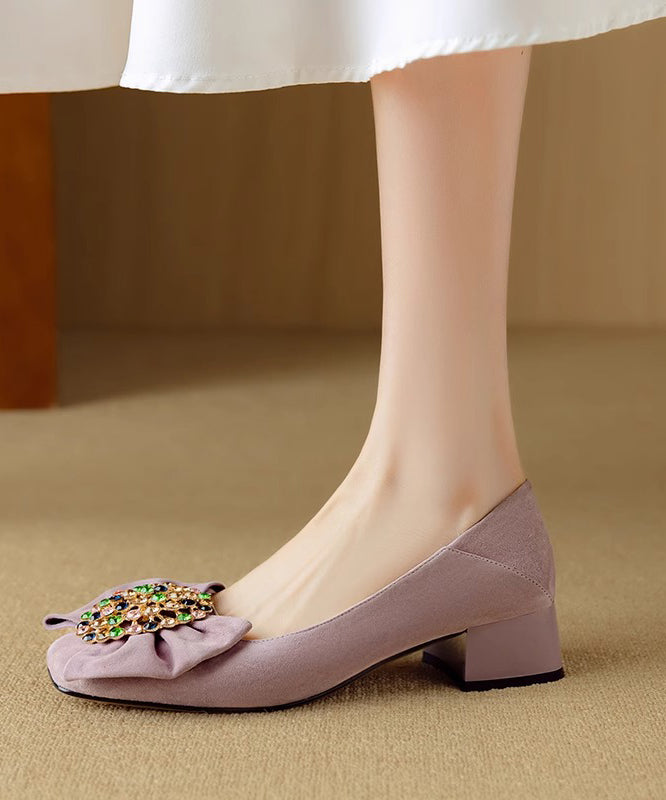 Zircon Penny Blue Stylish Bow Chunky Suede Splicing Loafers