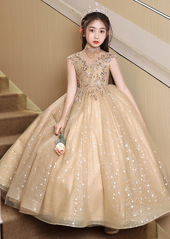 Stylish Brown Sequins Hollow Out Tulle Girls Vacation Long Dresses Sleeveless YG020