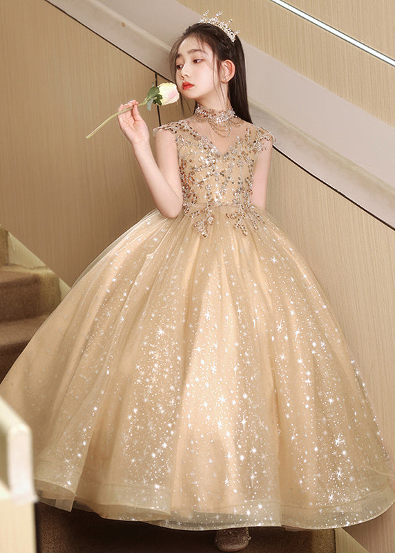 Stylish Brown Sequins Hollow Out Tulle Girls Vacation Long Dresses Sleeveless YG020