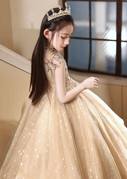 Stylish Brown Sequins Hollow Out Tulle Girls Vacation Long Dresses Sleeveless YG020