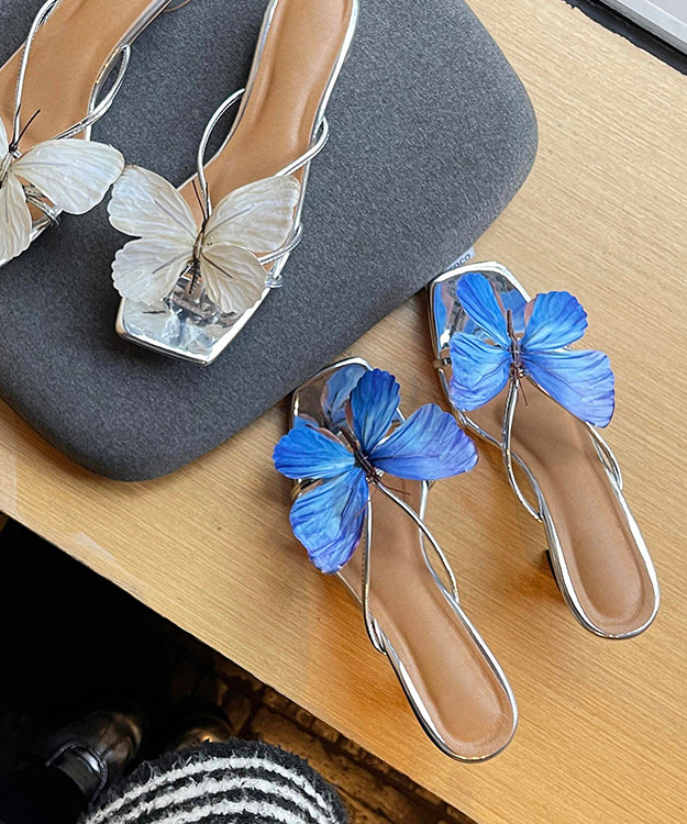 Leather Blue Faux Slide Sandals Splicing Stylish Chunky Butterfly