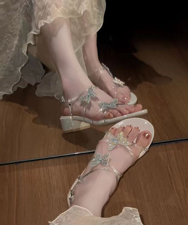 Stylish Butterfly Zircon Splicing Chunky Sandals Beige DD1003