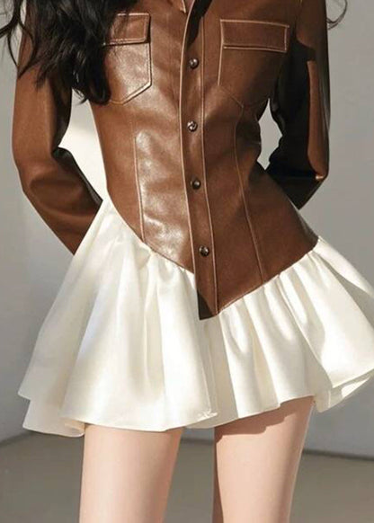 Stylish Coffee Asymmetrical Patchwork Leather Button Faux