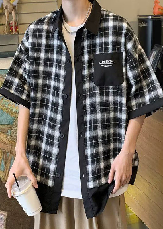Button Stylish Men Plaid Coffee Summer Cotton Shirts