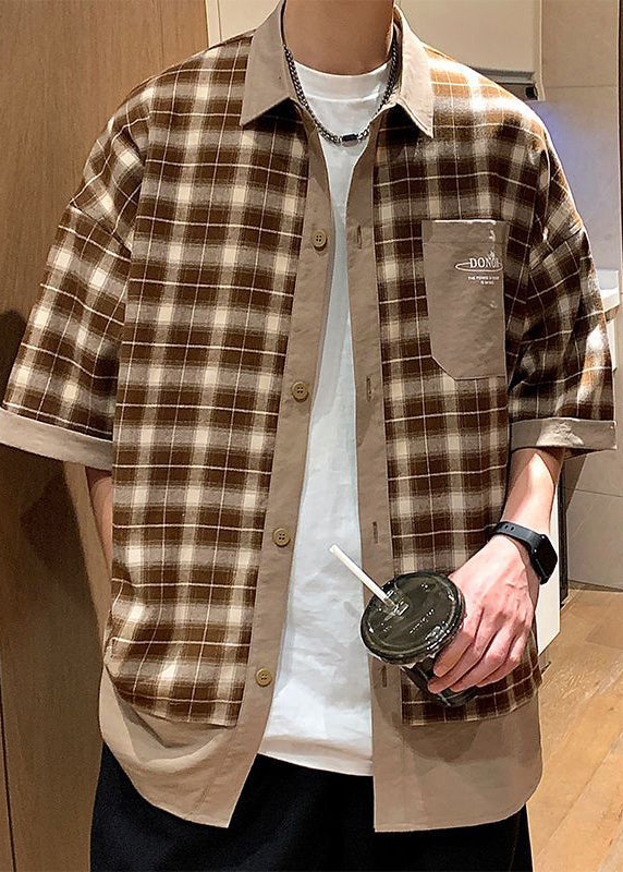 Button Stylish Men Plaid Coffee Summer Cotton Shirts