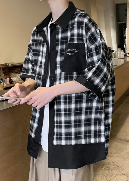 Button Stylish Men Plaid Coffee Summer Cotton Shirts