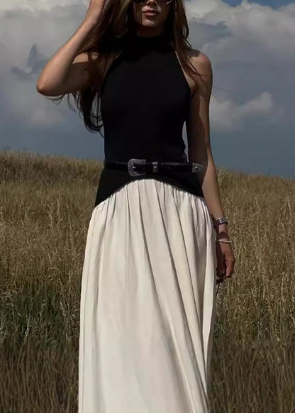 Backless Sleeveless Dress Cotton Colorblock Long Stylish