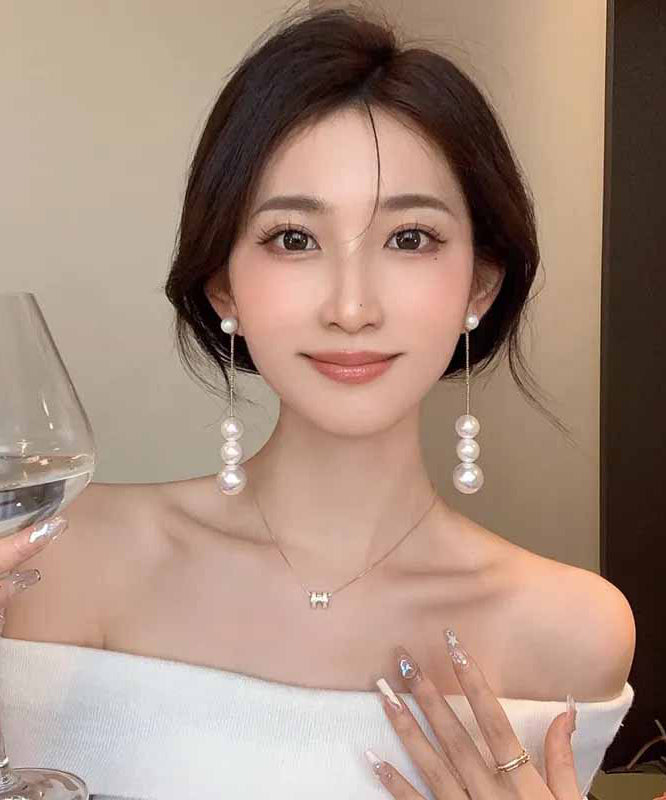 Stylish Gold Alloy Pearl TasseDrop Earrings TX016