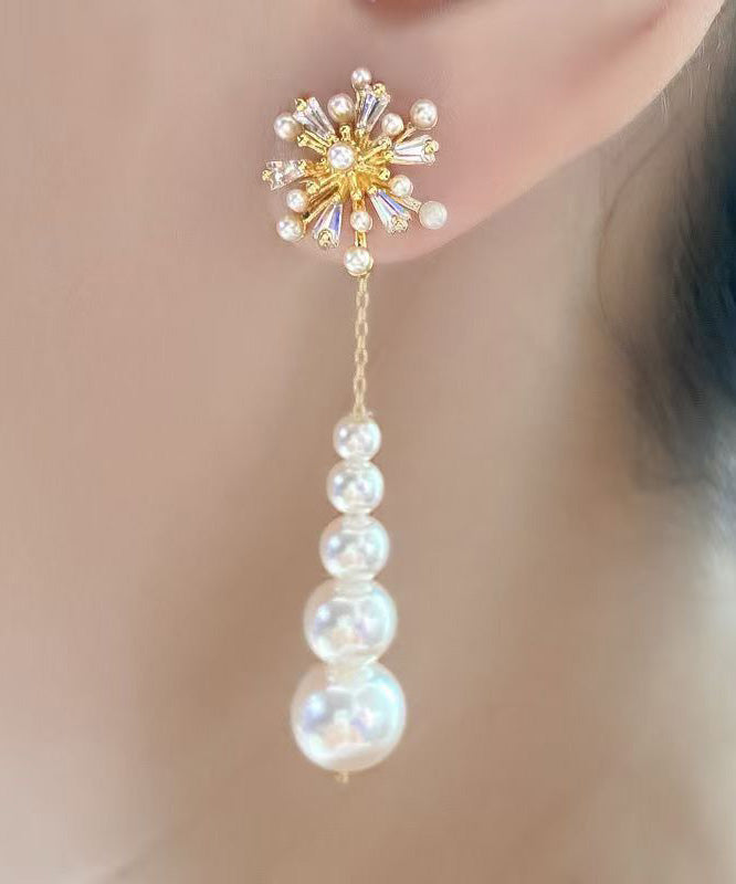 Stylish Gold Alloy Zircon Pearl Fireworks Tassel Drop Earrings RG004