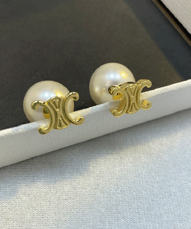 Copper Alloy Pearl Earrings Gold Stud Stylish