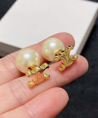 Copper Alloy Pearl Earrings Gold Stud Stylish