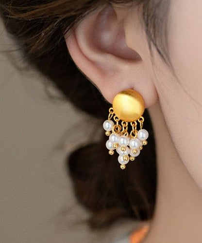 Earrings Drop Overgild Copper Stylish Gold Tassel Pearl