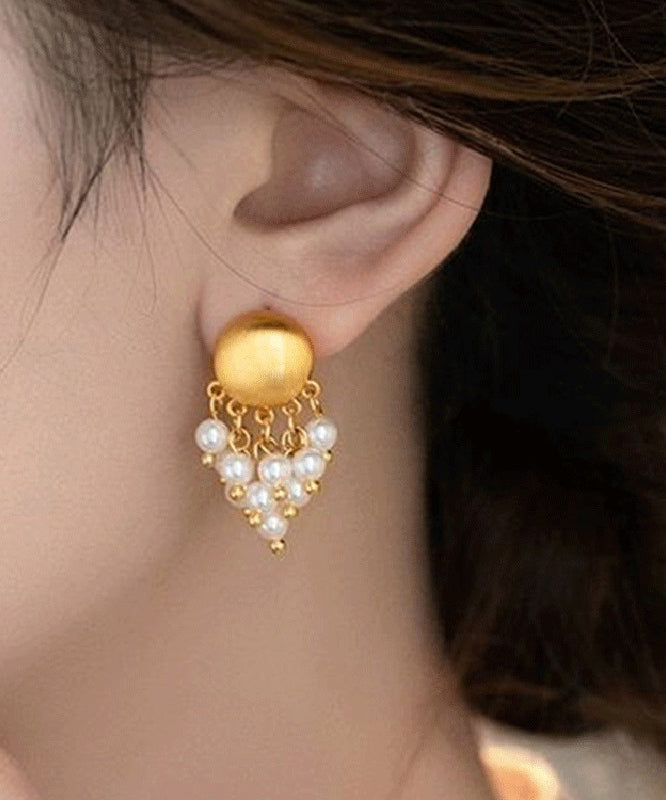 Earrings Drop Overgild Copper Stylish Gold Tassel Pearl