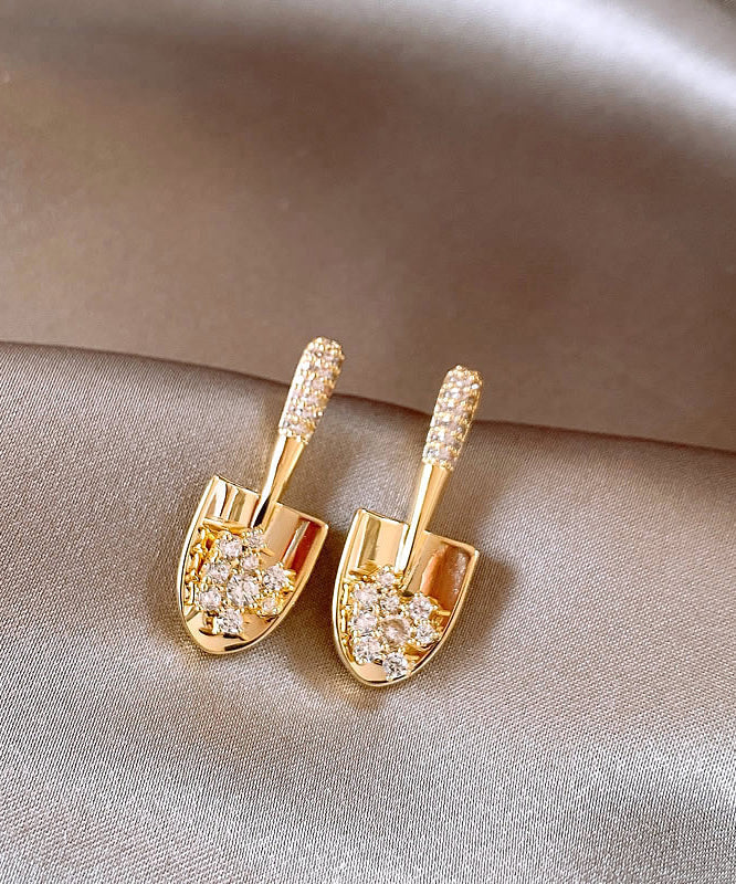 Gold Copper Small Overgild Stylish Zircon Shovel Earrings Stud