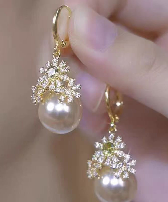 Stylish Gold Copper Zircon Pearl Drop Earrings TX030