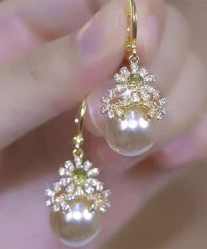 Stylish Gold Copper Zircon Pearl Drop Earrings TX030