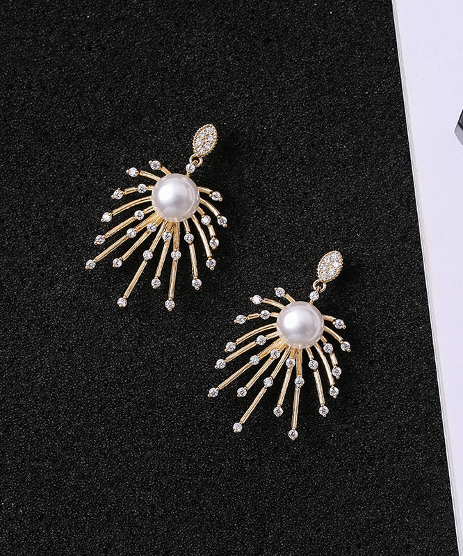 Stylish Gold Sterling Silver Copper Zircon Pearl Drop Earrings KX1018