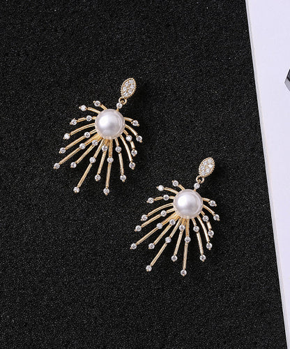 Stylish Gold Sterling Silver Copper Zircon Pearl Drop Earrings KX1018