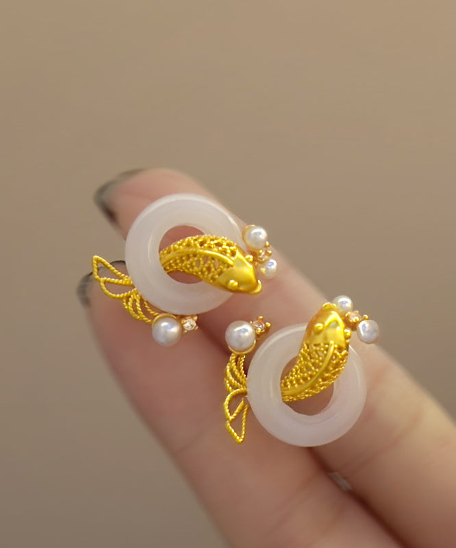 Stylish Gold Sterling Silver Overgild Jade Pearl Brocaded Carp Hoop Earrings YD038